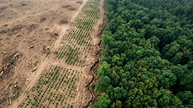 Aerial top view of deforested area saplings and green forest canopy Top