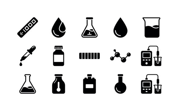 PH Chemistry Testing, solid glyph icon set featuring test strip, acid droplet, alkaline flask, neutral water drop, beaker, pipette, laboratory bottle, scale bar without labels, molecule and analysis