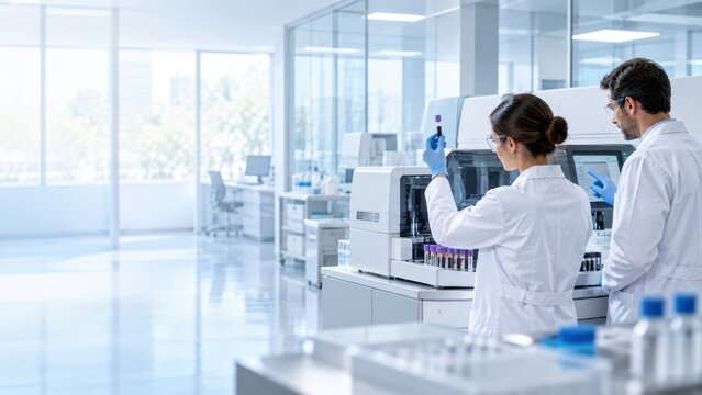 Medical Laboratory Team Reviewing Diagnostic Sample and Analyzer