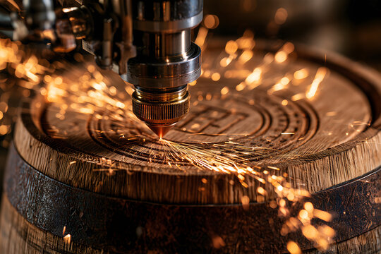 Laser Engraving Machine Cutting Wooden Barrel Top with Bright Sparks Flying, Extreme Close-Up Industrial Detail