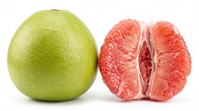  Pair of Fresh Pomelo Fruits, One Whole Big Green Fruit and One Peeled Showing Pink Segments