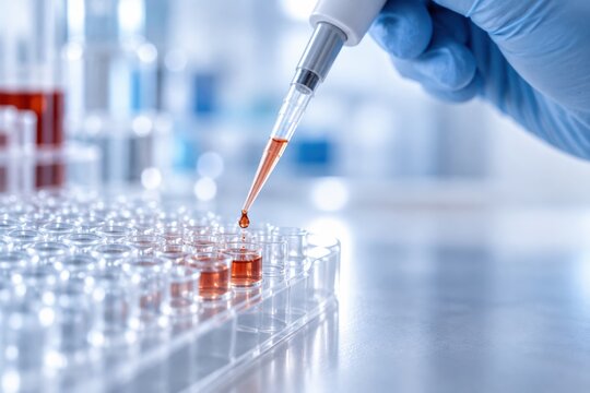 Precision Pipette Droplet Entering Microplate During Diagnostic Testing