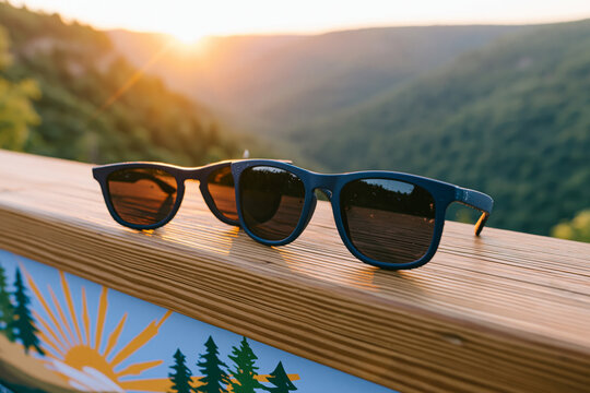 Weather-resistant outdoor eyeglass lenses with scratch-resistant coating placed on a wooden hiking trail sign overlooking a dramatic forest valley at sunrise, subtle dew droplets, crisp natural