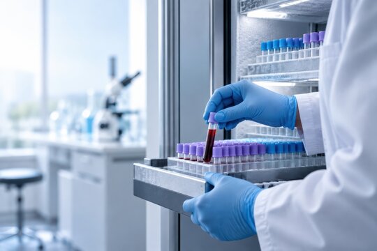 Laboratory Technician Placing Verified Blood Sample in Cold Storage