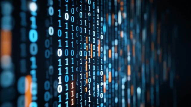 Glowing blue and orange binary code background representing digital data transfer and cybersecurity