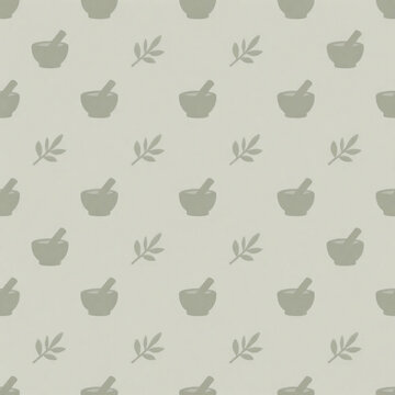 Mortar and pestle herb accent seamless pattern background with muted stone sage repeats