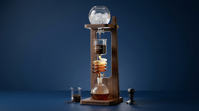 Cold drip coffee maker 3D render with wooden stand and glass decanter on dark blue background