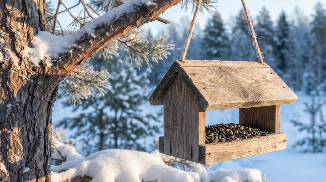 Wooden bird feeder filled with seeds hanging from a snow covered pine tree in a winter forest