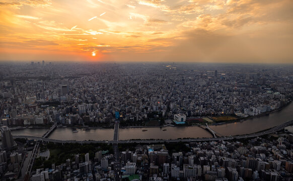 Golden Sunset Above the Sumida River and Tokyo