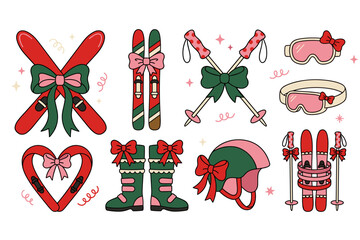 Obraz premium Collection of stylized winter ski equipment decorated with festive bows