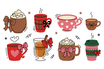 Fototapeta premium Collection of cozy hot winter beverages with bows, cream, and marshmallows
