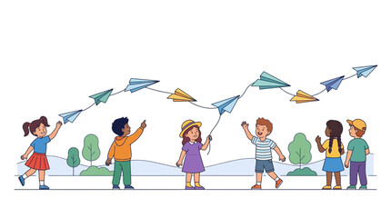 Fototapeta premium Diverse children launching paper airplanes in a park, symbolizing imagination and childhood dreams, isolated on transparent background