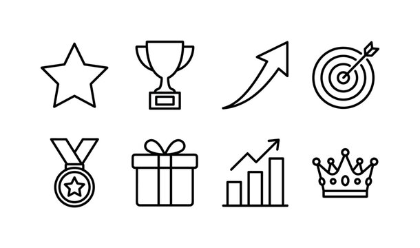 Business Reward Success, line icon set featuring star, trophy, upward arrow, target, medal, gift box, chart, crown, covering business success, reward, achievement, growth, strategy, opportunity,