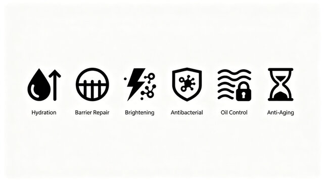 The vector diagram of skin care efficacy logo, the selling points of water supplement barrier repair, oil control, anti-bacterial, anti-aging, is applicable to the detail page of skin care products.
