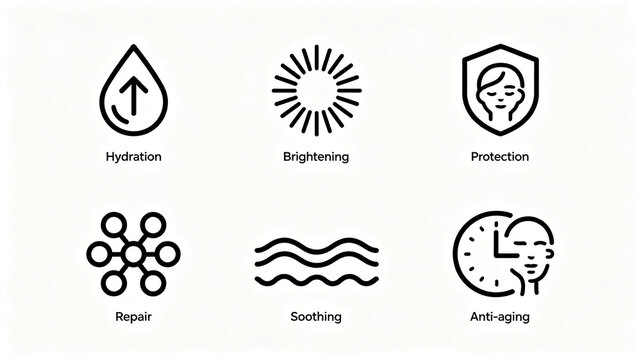 The simple line skin care efficacy vector icon represents the concept of moisturizing, brightening and repairing anti-aging, which is applicable to beauty details and product introduction.
