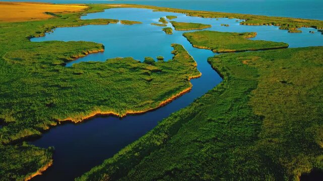 Aerial view of winding river flowing through green wetlands at sunset