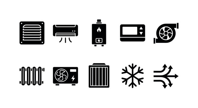 HVAC Building Equipment, solid glyph icon set featuring ventilation grille, air conditioner, heating boiler, thermostat, duct fan, radiator, heat pump, filter, snowflake and airflow arrows, covering