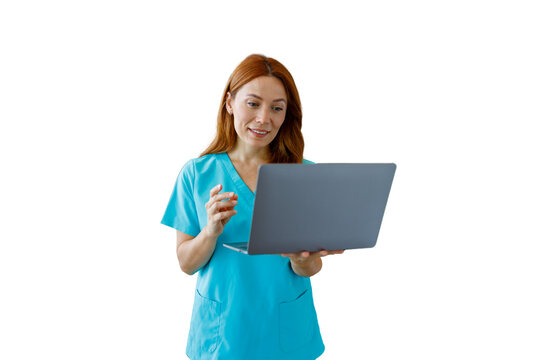 Medical professional using laptop for telehealth consultation