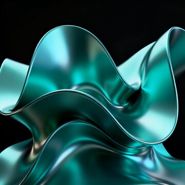 Glossy Teal Metallic Abstract Flowing Curves Against Dark Background