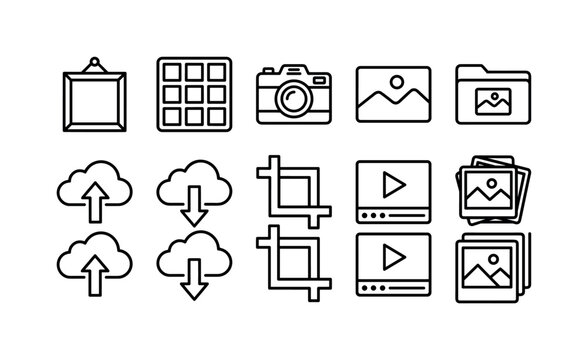 Image Gallery Media, line icon set featuring photo frame, gallery grid, camera, landscape image symbol, image folder, upload image, download image, crop tool, slideshow icon and picture stack,
