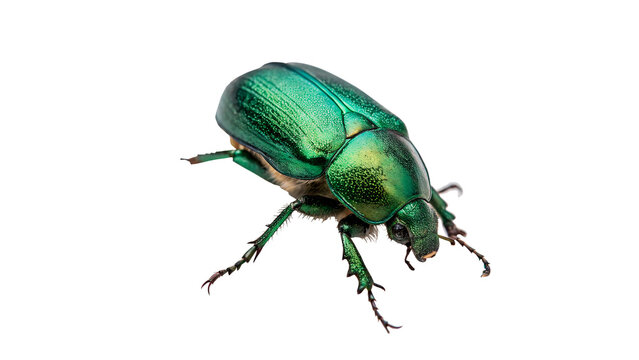 Vibrant shiny metallic green scarab beetle insect isolated on transparent background.