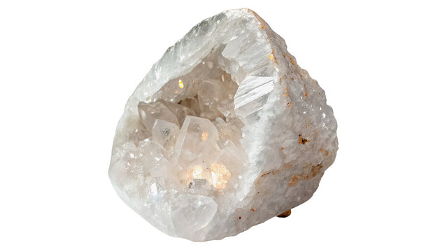 Natural white quartz crystal geode mineral stone isolated on transparent background.
