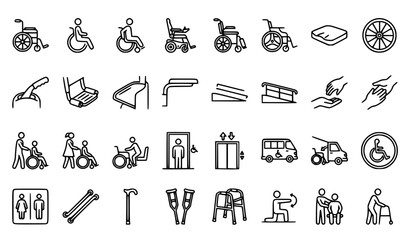Fototapeta premium Disability and accessibility icons, wheelchair and handicap symbols vector set