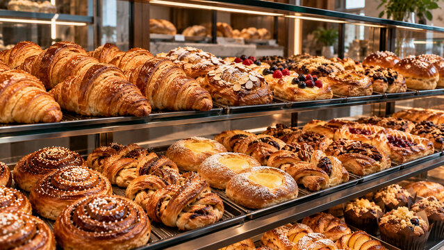 fresh croissants and assorted pastries displayed in modern bakery shop