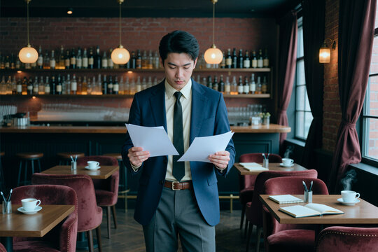 Full length shot of Asian young adult businessman reviewing documents in cafe, comparing paperwork for meeting or deal. Suitable for business planning, finance, contract review marketing