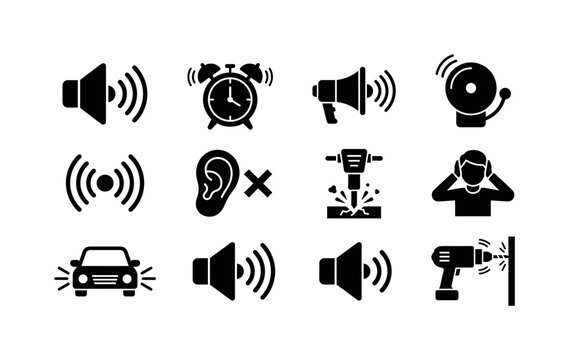 Noise Disturbance Symbols, solid glyph icon set featuring speaker, loudspeaker, ringing bell, sound waves, crossed ear symbol, alarm clock, construction drill, horn and volume controls, covering