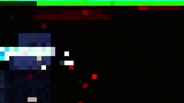 Digital error transition with 2D flat 8bit colorful pixel code block for futuristic gaming video overlay