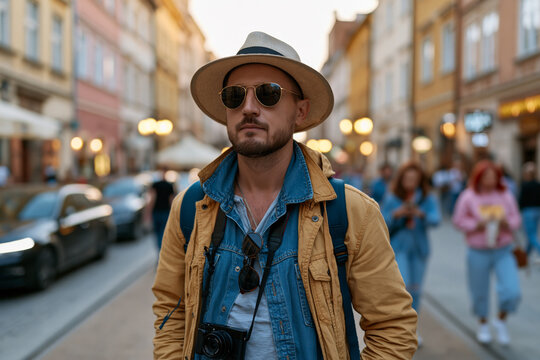 A breathtaking and highly detailed view of photographer walking through an old town street carrying a compact camera and lightweight backpack, authentic travel photography atmosphere, warm evening