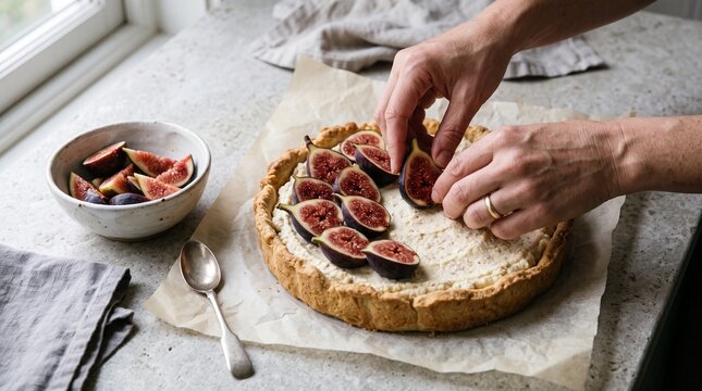 Chef arranging fresh figs on a rustic tart in a cozy kitchen with natural daylight and copy space
