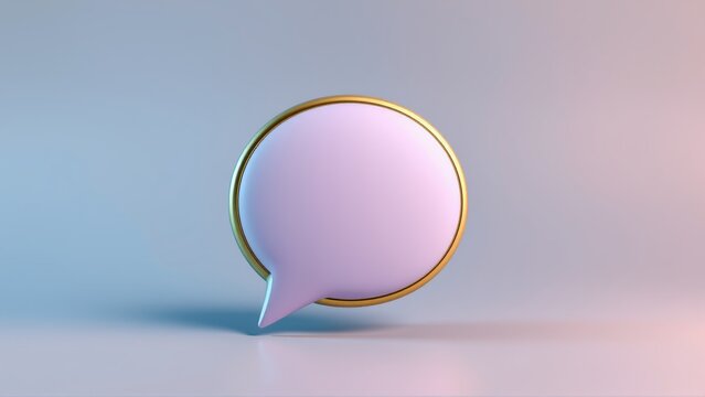 Pink speech bubble with gold ring. Minimalist studio lighting creates soft gradients, simple composition. Focus on communication concept.