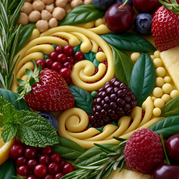 Colorful spiral motifs formed by arranged tropical fruits and natural ingredients on a bright surface, fresh lifestyle composition, natural daylight,, offering a unique and highly detailed perspective