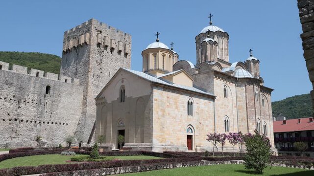 Church of Holy Trinity in courtyard of Manasija Monastery in summer