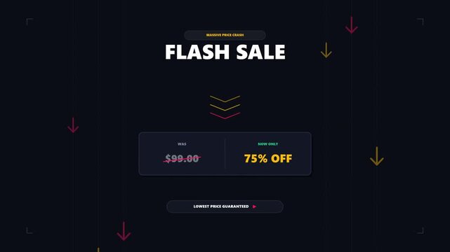 Animated discount promotion voucher background with neon floating arrows and digital coupon card