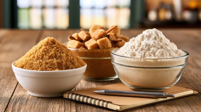 Brewing ingredients including sugar and adjuncts displayed in bowls alongside a recipe notebook, highlighting the preparation process for homemade beverages.