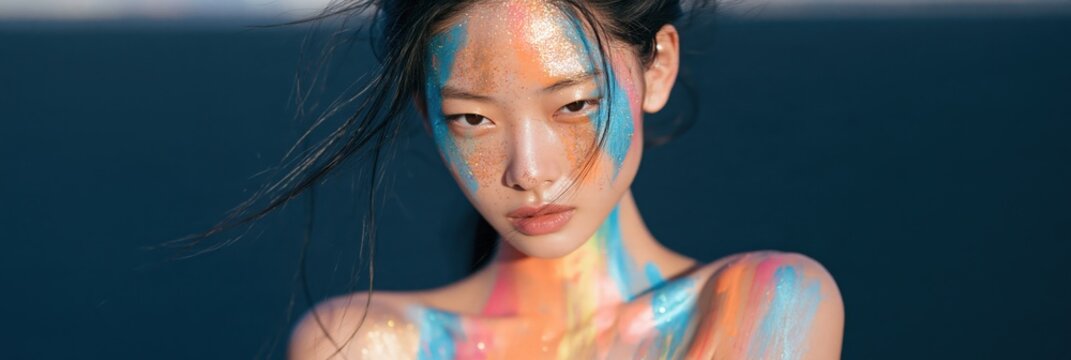 Portrait of young woman with rainbow body paint and glitter for fashion beauty banner background and makeup design