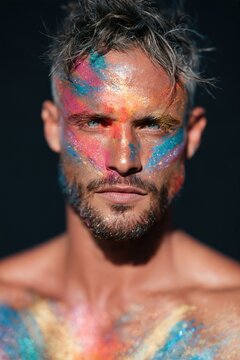Male model closeup with colorful glitter face paint portrait for beauty campaign and banner design featuring vibrant shimmer and artistic powder makeup
