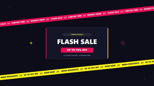 Dynamic promotional banner with bold diagonal warning tapes and discount badge on dark background