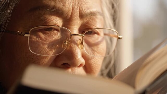 Elderly asian woman in eyeglasses reading book close to face. Senior woman turning pages of book in warm sunlight.