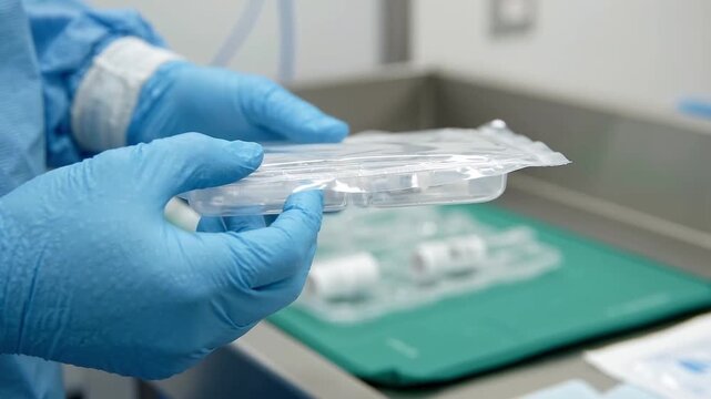 Nurse in blue gloves holding sterile medical kit with syringes in hospital. Healthcare worker preparing sealed medical supplies and equipment for injection