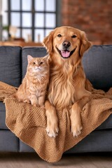 Obraz na płótnie Canvas A cat and dog cuddling together comfortably on a cozy apartment sofa, showcasing warmth, companionship, and pet-friendly home living.