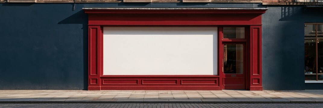 Wide empty red storefront display window on deep blue facade for retail signage mockup and banner background design