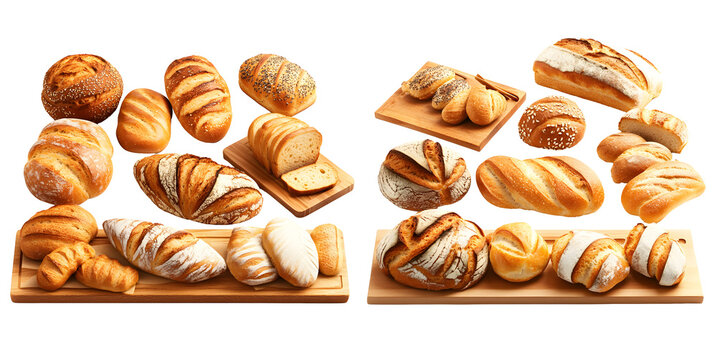 Assortment of artisan bread loaves and rolls on wooden boards isolated on transparent background