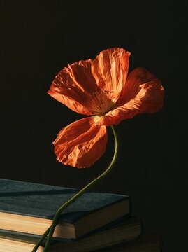 Close-up of a single orange poppy flower on top of a stack of books. the poppy is in full bloom, with its petals spread wide and its vibrant orange color standing out against the dark background.