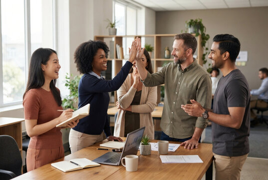 Equipo de trabajo celebrando un logro en una oficina moderna