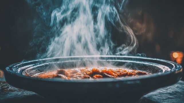 Aromatic Steaming Dish: A delicious-looking dish, possibly a stew or soup, emits a thick plume of steam, indicating it's hot and ready to be served. The dark.