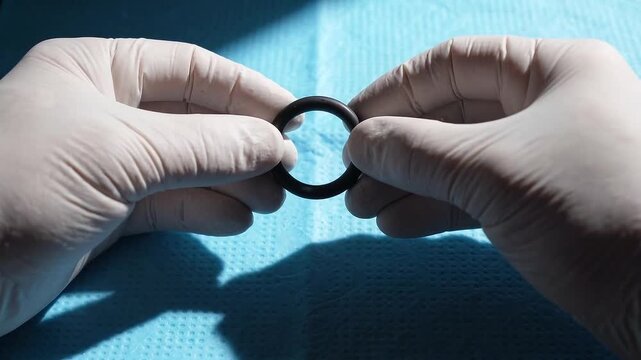Hands in white gloves holding black rubber o-ring. Medical or laboratory inspection of elastic sealing ring on blue sterile cloth.